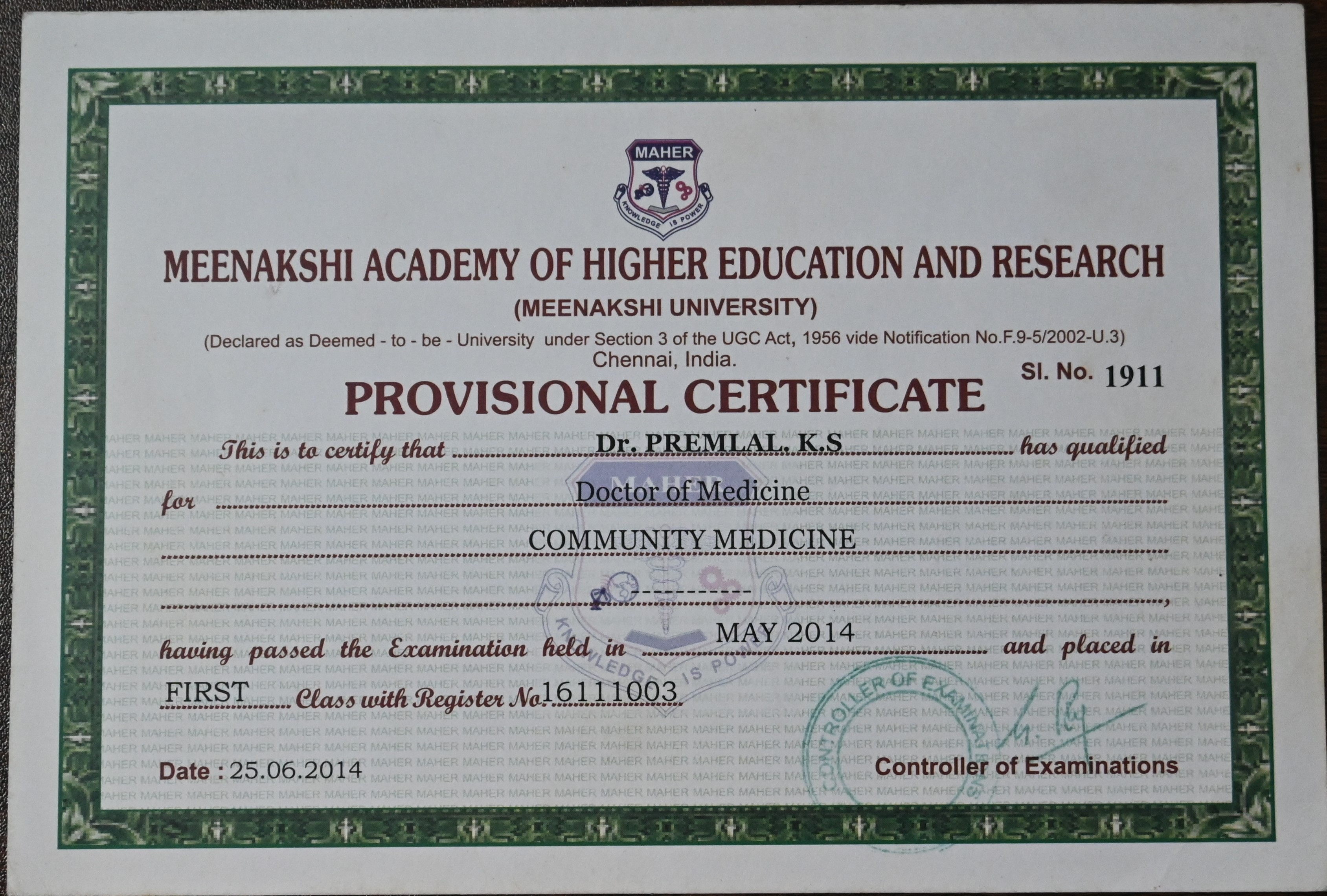 MD (Community Medicine) — First Class
